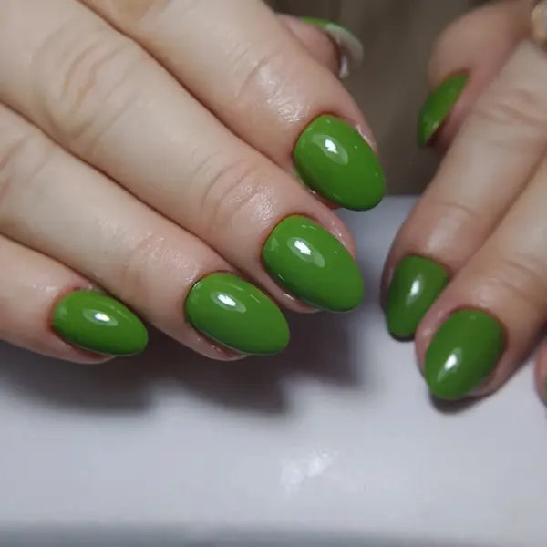 Unhas amendoadas em verde oliva brilhante